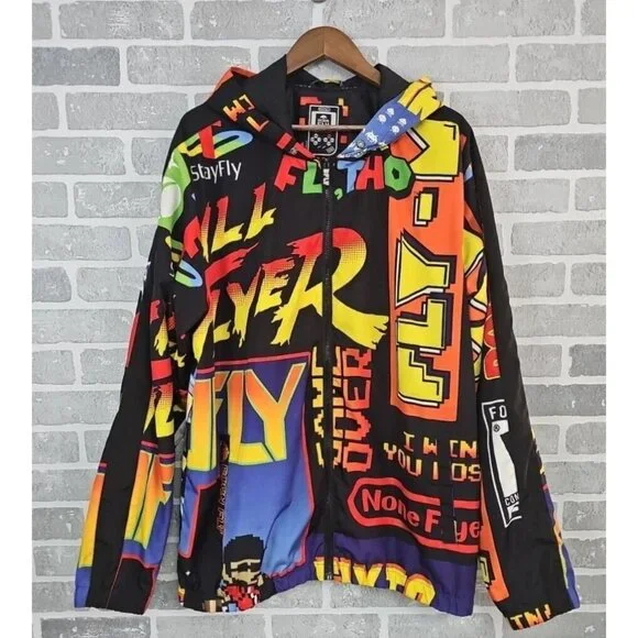 BornFly Jacket Men's 2X Multicolor Gaming All Over‎ Logo Parody Streetwear Zip